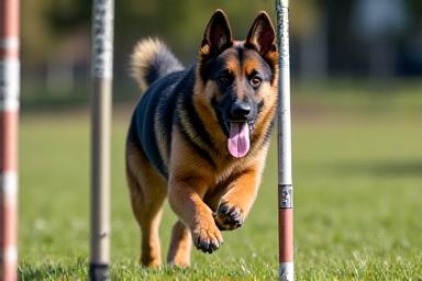 A German Shepherd navigating an agility weave pole with focus.