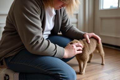 A calm trainer sitting on the floor, patiently working with a nervous-looking dog.